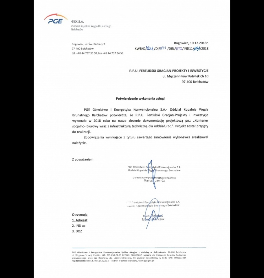 PGE Kontener socjalno-biurowy dla oddziału t-1 KWB Bełchatów wraz z infrastrukturą techniczną.